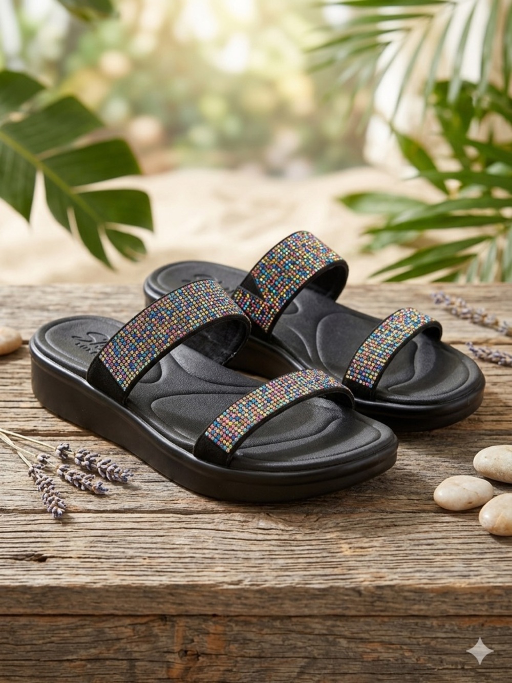 Skechers Luxe Foam Rainbow Rhinestone Slide Sandals Black Multicolor Bling 9